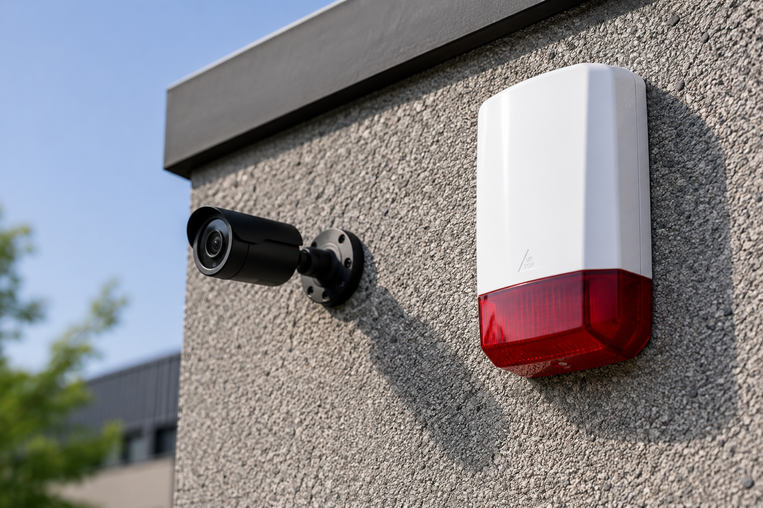 Buitencamera en alarmsirene gemonteerd aan gevel
