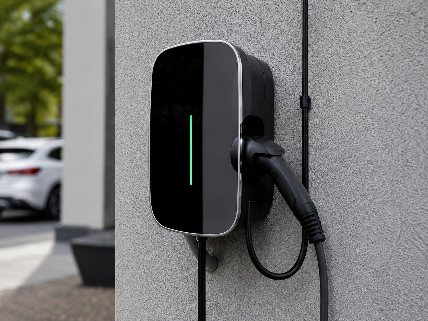 Wandlaadstation voor elektrische wagen aan gevel
